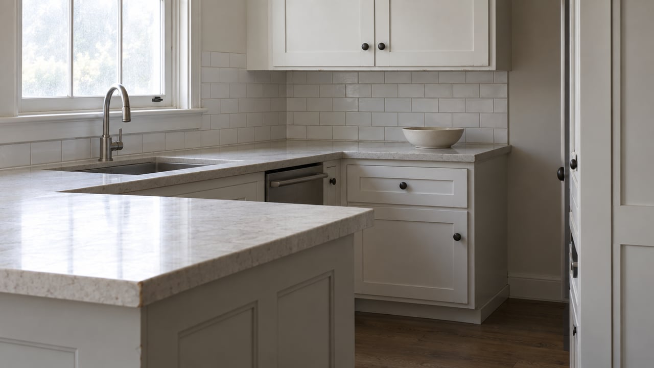 Daylit kitchen corner with white shaker cabinetry, subway tile, pale quartz counters and a paneled peninsula.