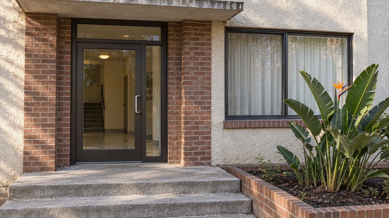 Sunlit brick and stucco apartment entrance with a closed glass door, concrete steps, and a bird-of-paradise plant.