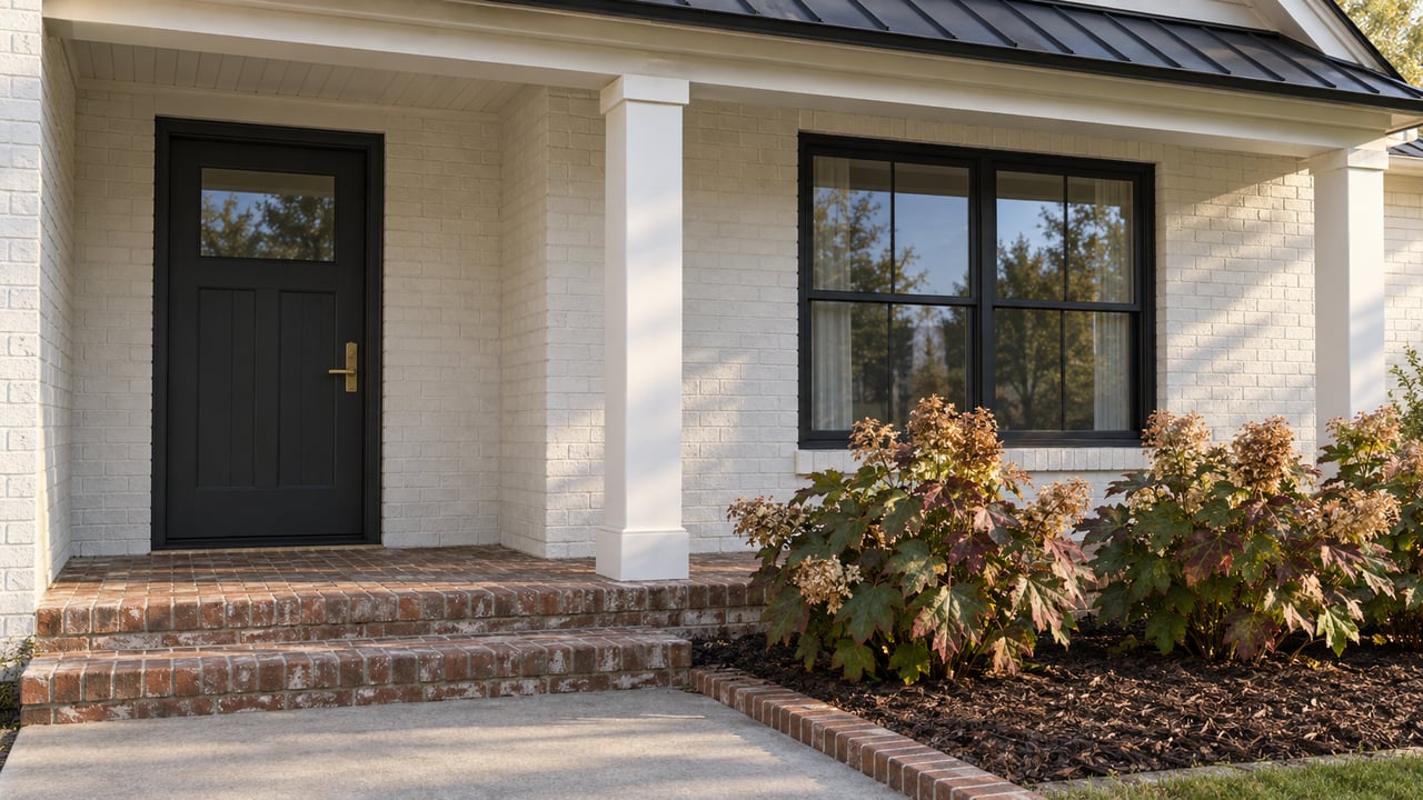 Morning light across a white brick home's covered entry, red brick steps and oakleaf hydrangeas.