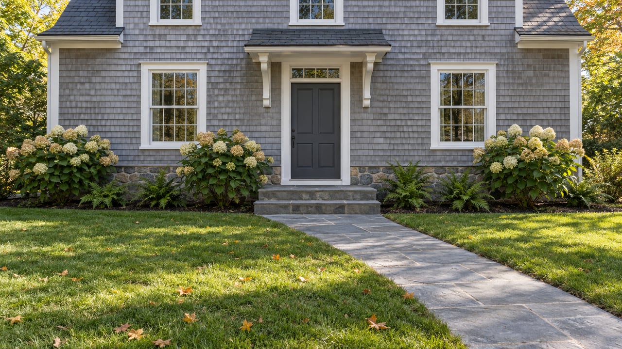 A gray cedar-shingled house with white divided-light windows, fieldstone foundation and a bluestone walk through an autumn lawn.