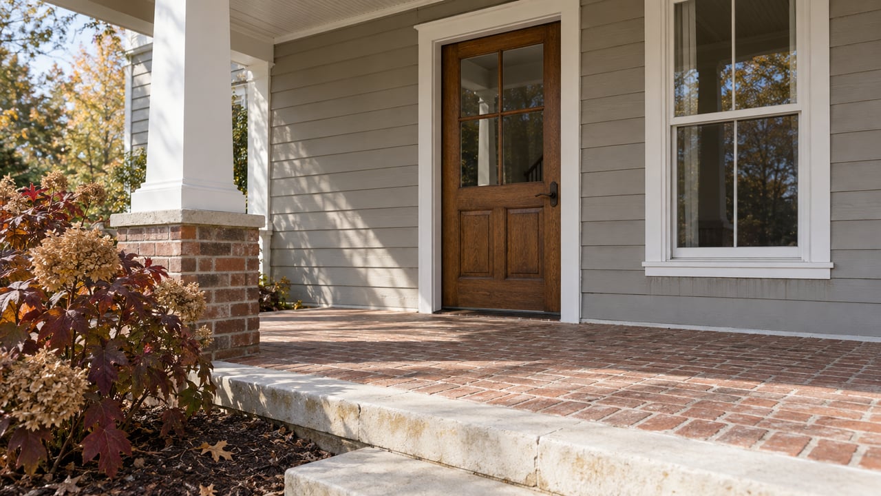 Oak entry door and white-trimmed window overlooking a worn brick porch, limestone steps, and autumn oakleaf hydrangeas.