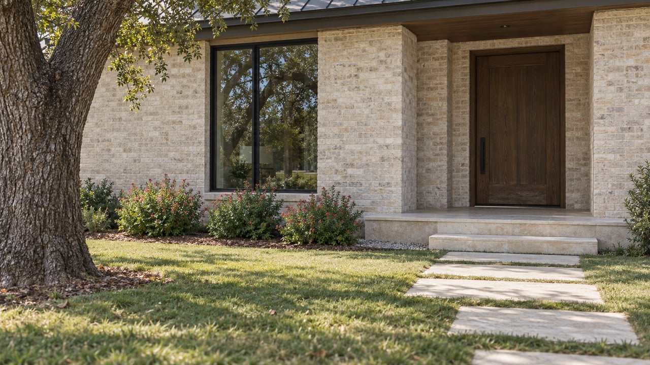 Pale brick home with a dark oak door, tall black-framed window, limestone path, and broad front lawn.