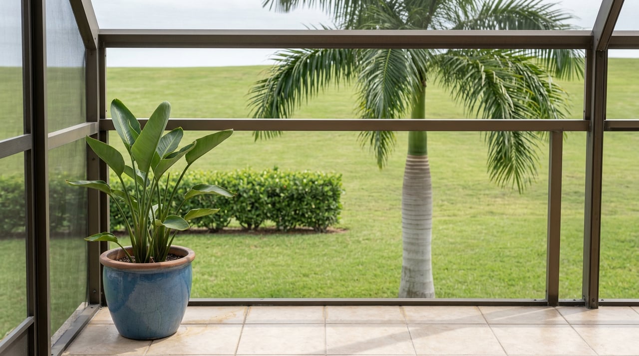 Screened condo lanai with a potted Bird of Paradise, looking across a shared lawn toward a tall palm.