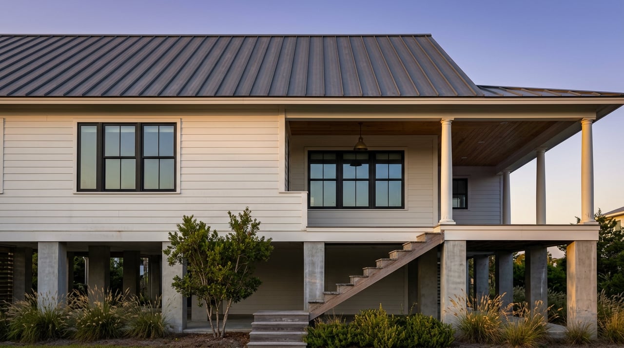 Elevated oyster-white coastal home on concrete piers, with a wood staircase and dune grass in warm evening light.
