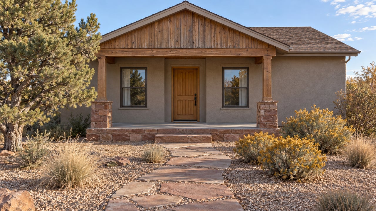A modest stucco and timber home with a sandstone porch, curved stone approach, and autumn dryland planting in clear afternoon light.