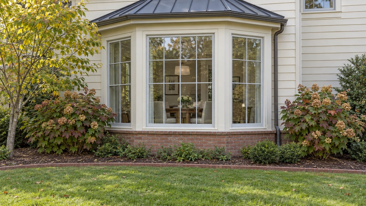 Ivory-sided home's glazed breakfast bay above a brick foundation, with autumn oakleaf hydrangeas, a redbud, and a lawn.