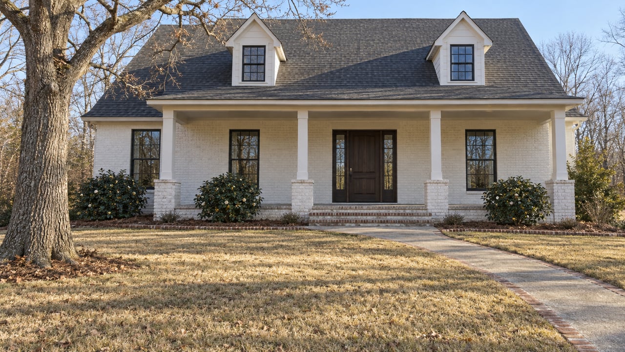 White-painted brick home with a steep gray roof, broad front porch and deep winter lawn beneath a bare oak.