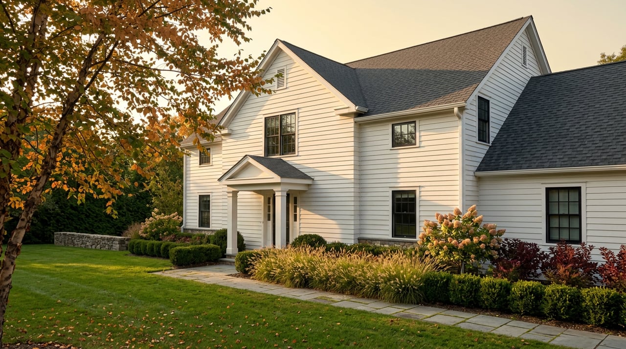 White clapboard house with black-framed windows, curving stone walk, and autumn trees and shrubs.