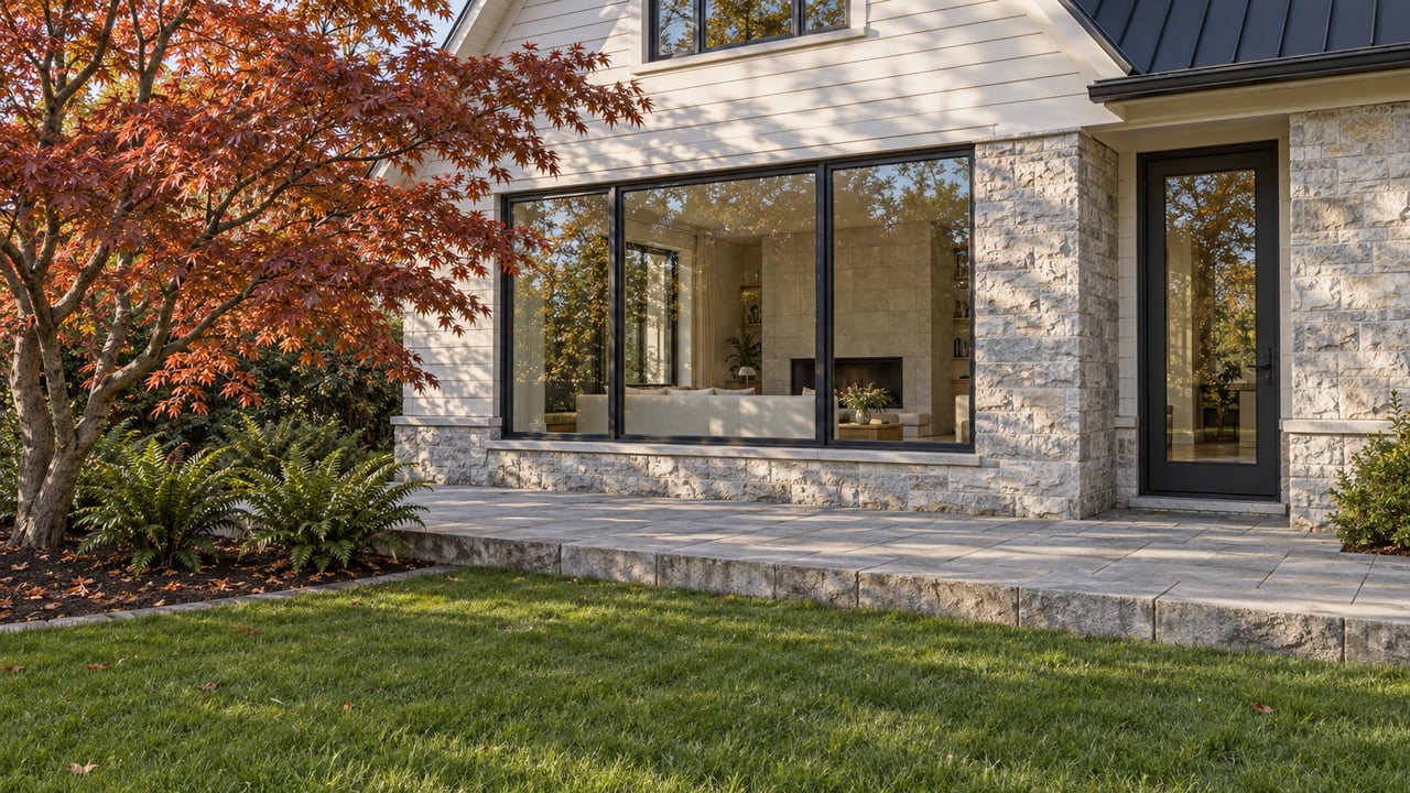 Garden-side exterior with white siding, pale limestone, dark-framed glazing and a raised stone terrace beside a copper-red Japanese maple.