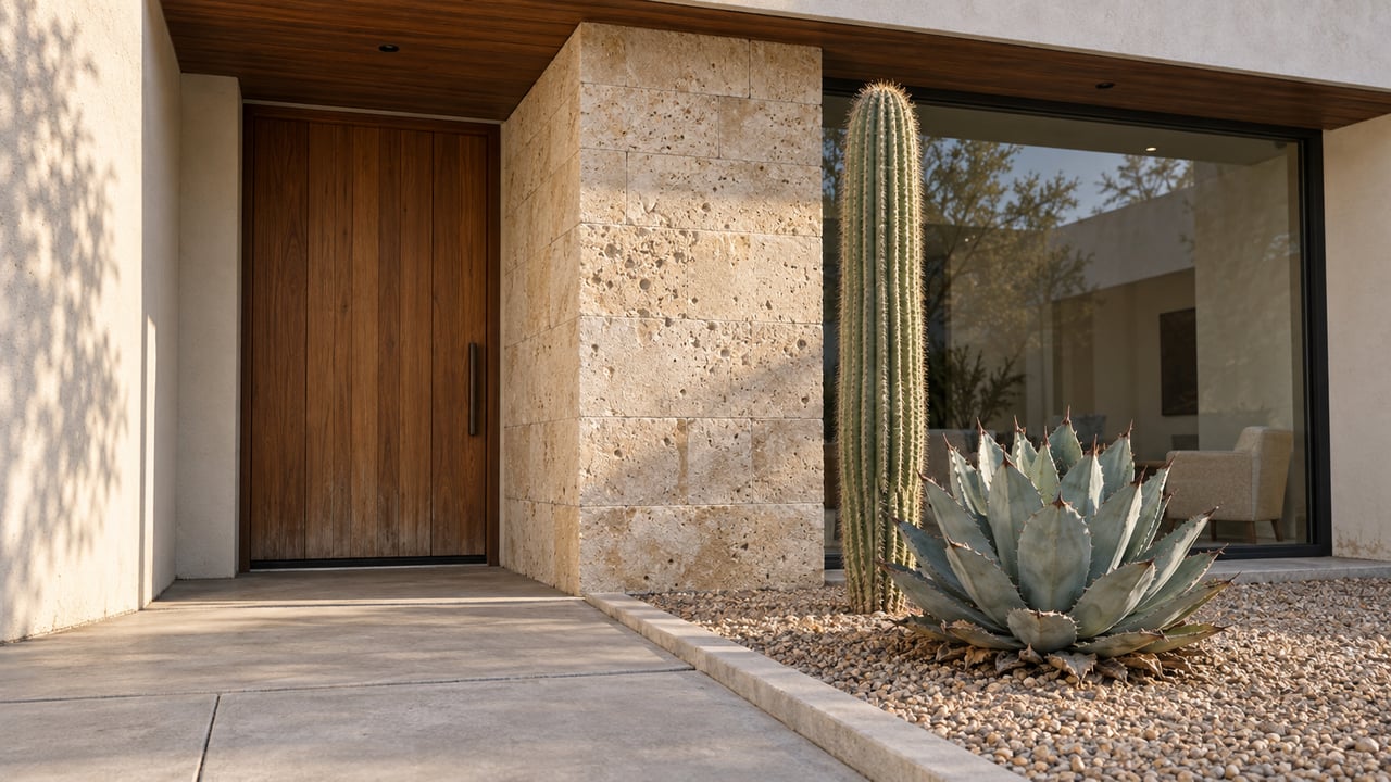 A shaded contemporary home entry with sandy stone, a wood door, dark-framed glass, and sculptural desert plants beside a concrete walk.