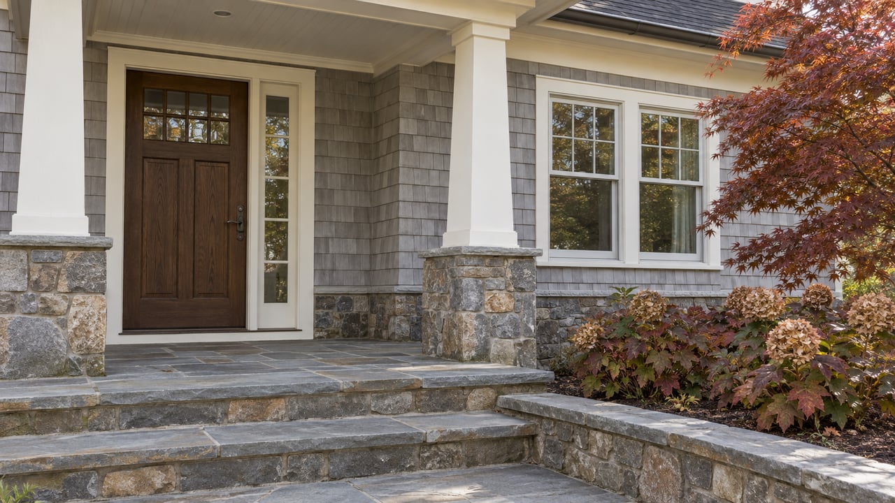 Raised porch with gray cedar shingles, fieldstone steps, a dark wood entry door and russet autumn foliage.