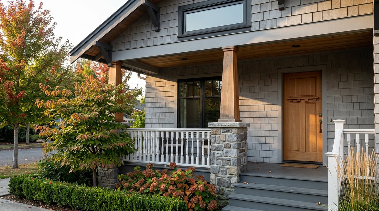 Urban home porch with a paneled wood door, stone column base, and fall-colored trees along the sidewalk.
