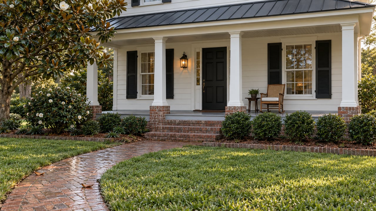 Brick porch with black front door, divided-light windows, magnolia tree, and curved brick walk across damp lawn.