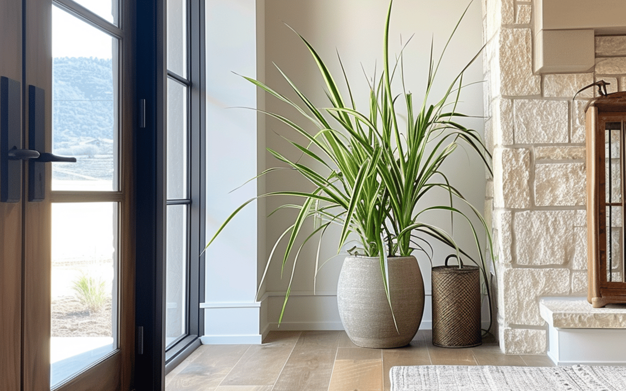 Entryway with a tall potted plant beside a stone fireplace and large windows.