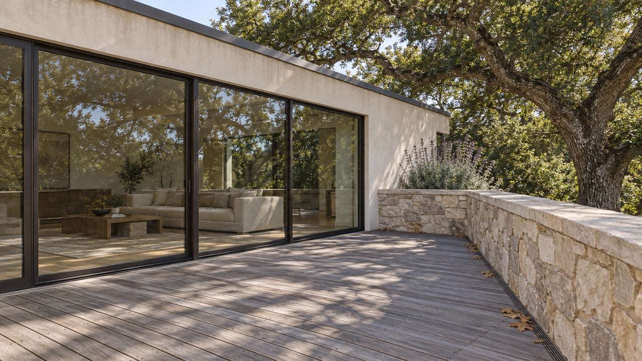 Silvered wood terrace beside a glass-fronted plaster home, bordered by a sandstone wall and a mature oak.
