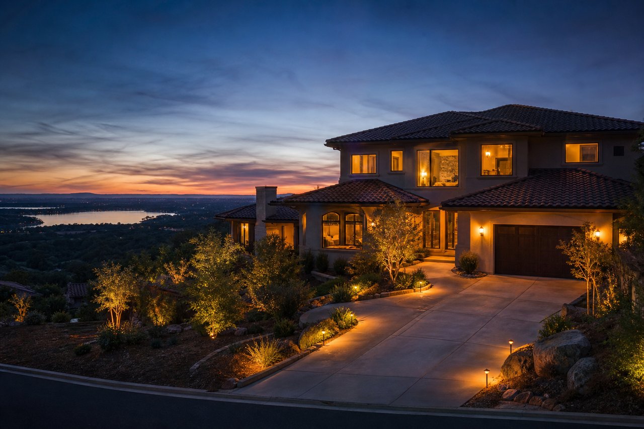Two-story home with a tiled roof and landscaped driveway overlooking a lake at dusk.
