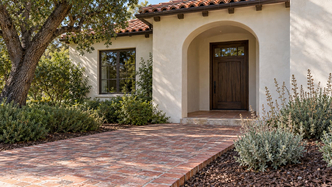 Warm-white stucco home with clay roof tiles, an arched oak entry, a weathered brick approach, and established oak and sage planting.