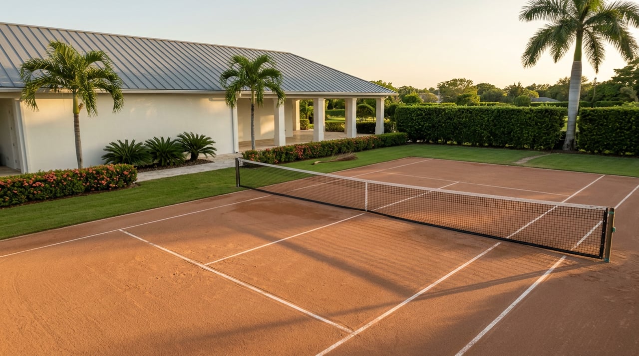 Terracotta court with a taut net, clipped hedge, and white clubhouse beneath a royal palm.