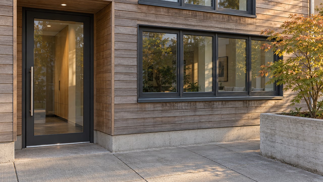 Sunlit condominium entrance with cedar siding, charcoal-framed windows, concrete paving and a Japanese maple in a raised planter.