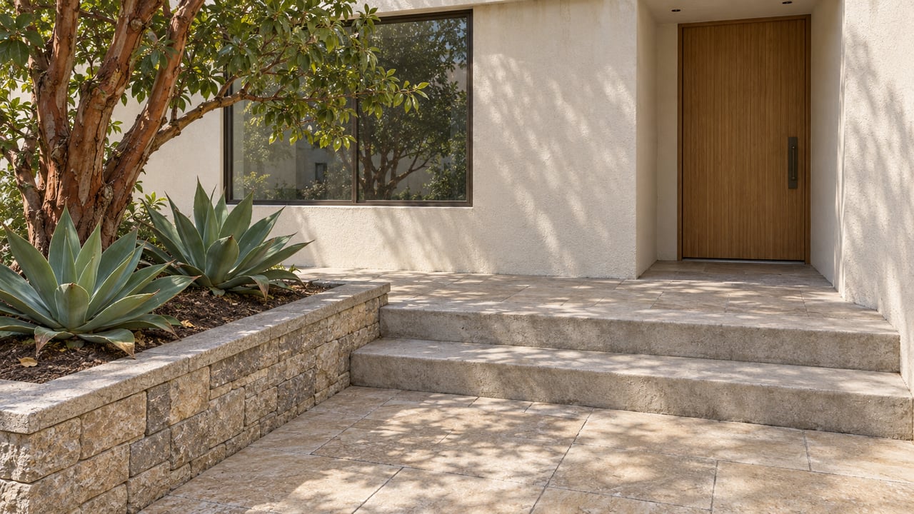 Elevated view of a sunlit contemporary home entrance with ivory stucco, oak door, limestone paving, and a stone planter containing a cinnamon-barked tree and two agaves.