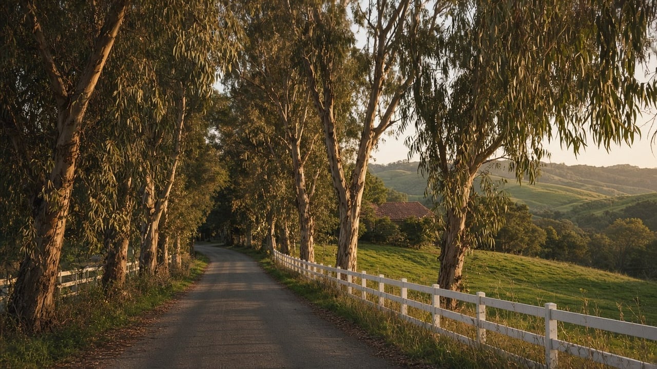 Eucalyptus lined country lane at golden hour