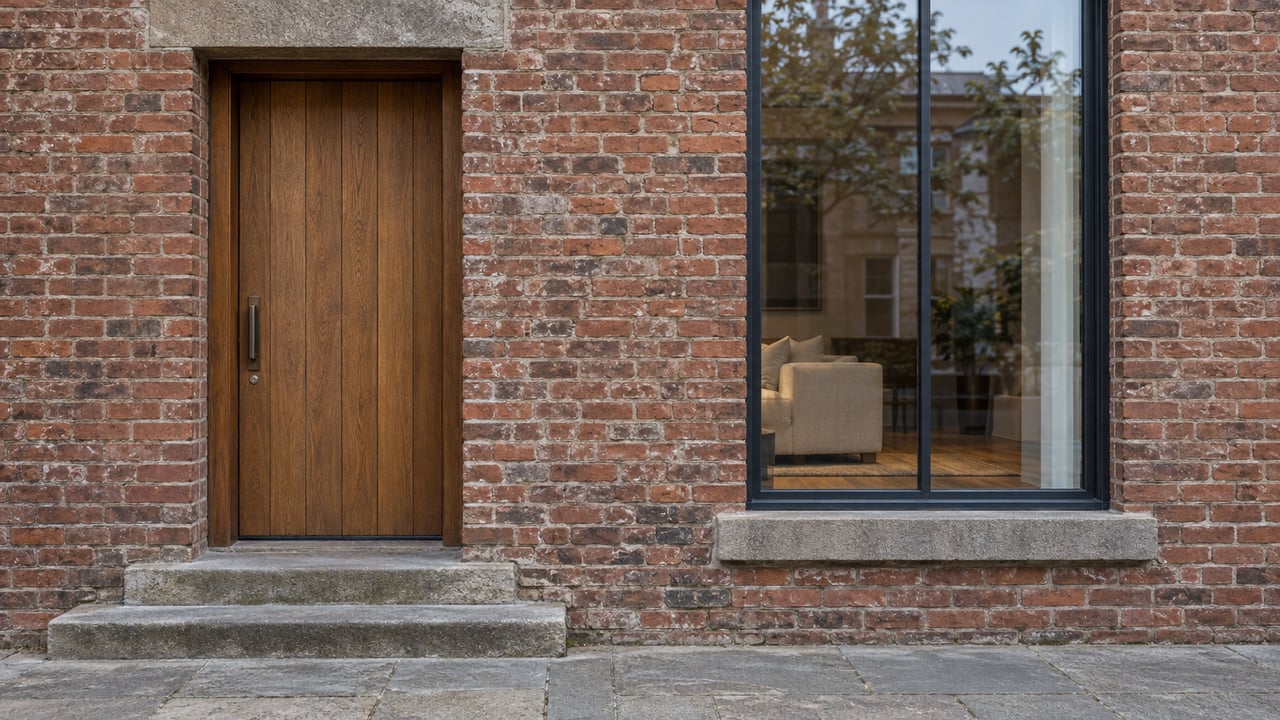 Weathered brick residential facade with a cedar entrance door, sandstone steps, and a tall dark-framed window revealing a warm wood floor.