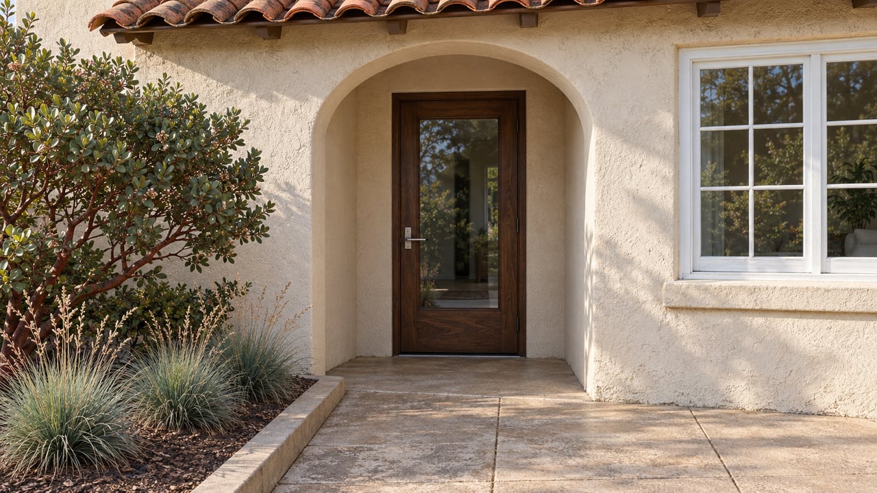 Morning light on an ivory stucco arched entry, dark oak glazed door, terracotta eave and concrete terrace beside manzanita and California fescue.