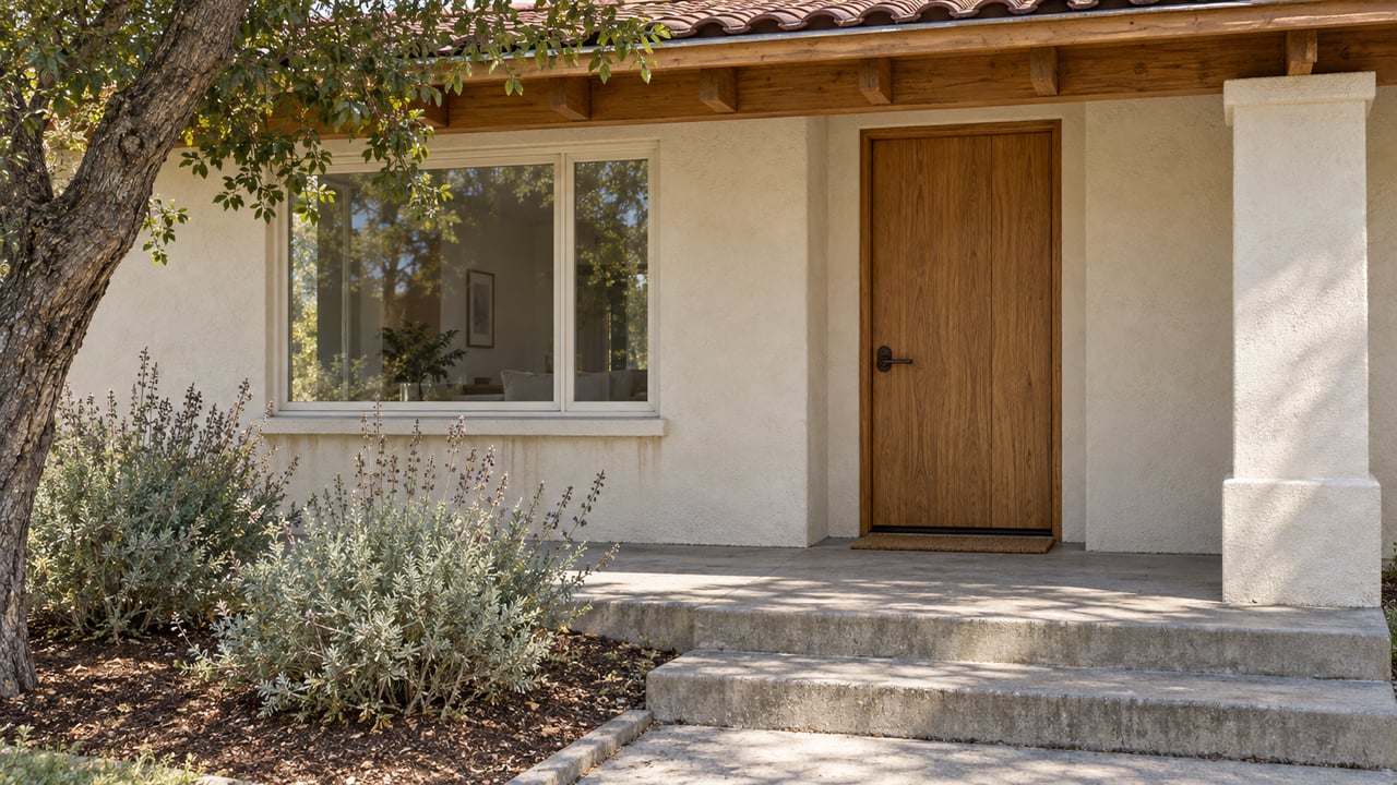 Stucco home entrance with a wooden door, tiled roof, and broad concrete steps.