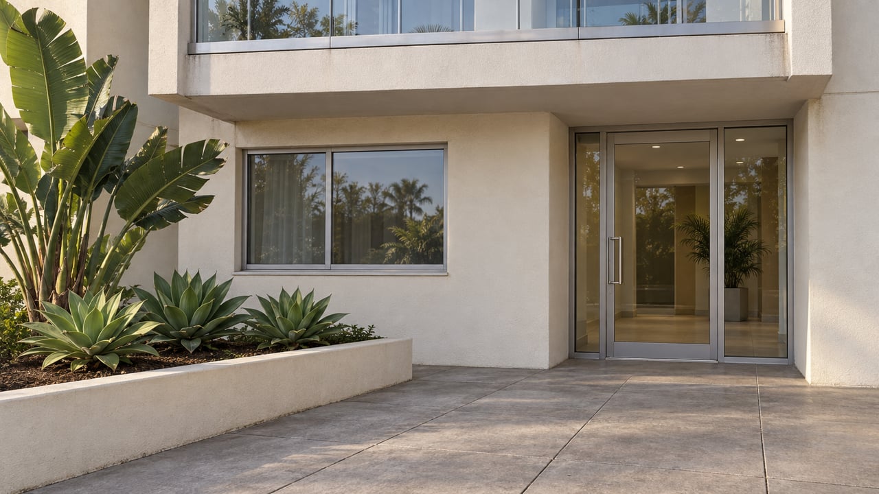 Cream stucco condo entry beneath a glass-fronted balcony, with gray paving and a raised bed of bird of paradise and foxtail agave.