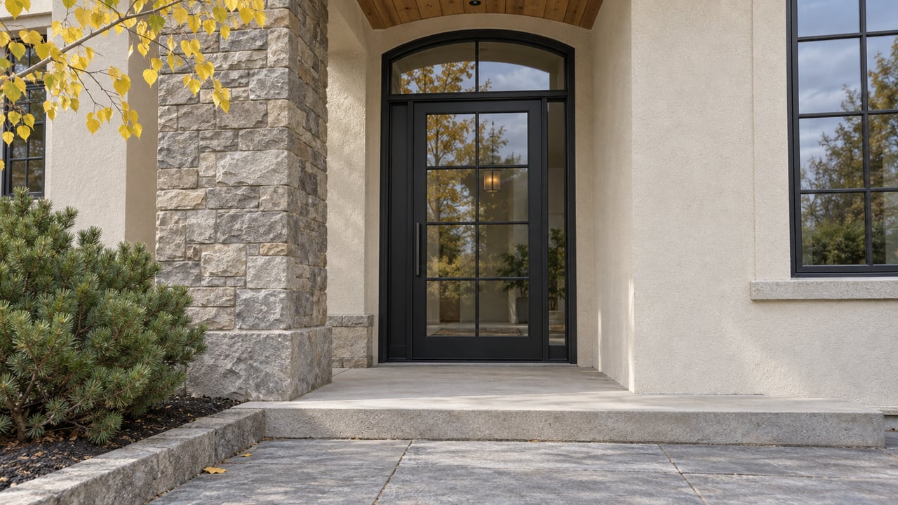 Arched black-framed entry surrounded by pale stucco, textured stone and timber, with golden aspen leaves above a stone approach.