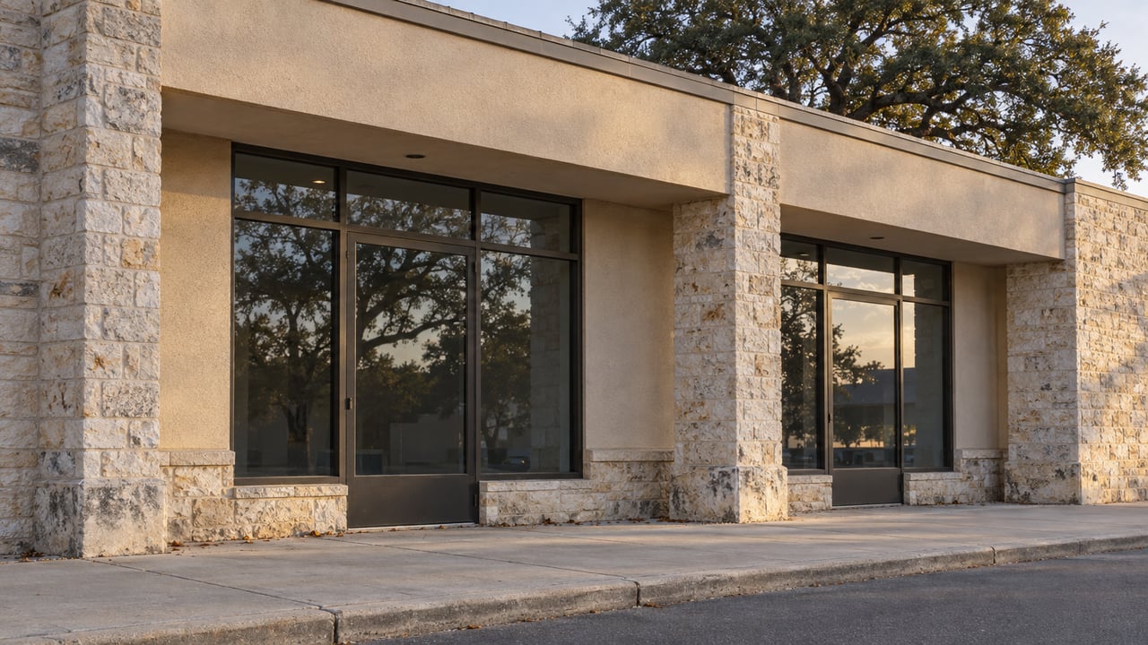 Single-story limestone and stucco storefront with recessed glass bays, shaded arcade, and oak canopy behind it.