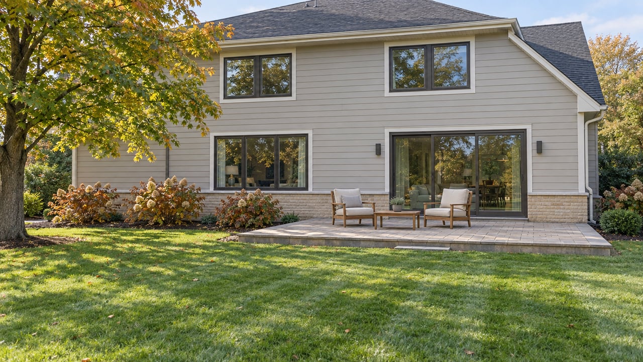 A light-gray two-story home with bronze-framed windows, a paver terrace, teak seating, and a broad autumn lawn beside a sugar maple.