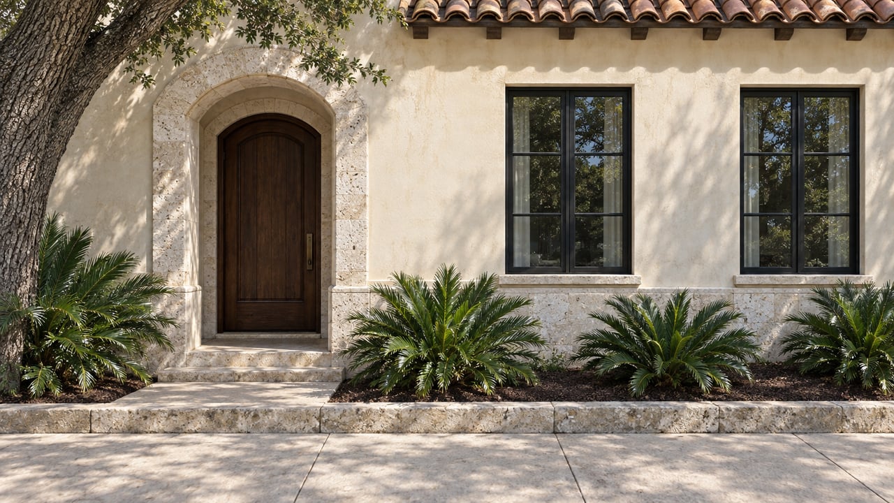 Ivory stucco apartment facade with an arched wood entry, black casement windows, and three plants beside a stone curb.