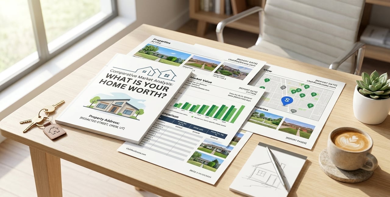 Home valuation reports and a home-worth booklet on a sunlit desk with keys and coffee.