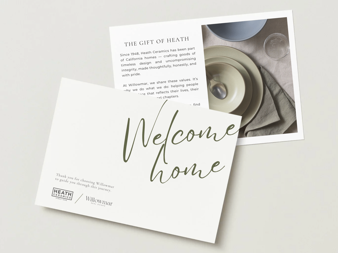 Willowmar and Heath Ceramics welcome-home card beside a Heath Ceramics page and tableware photo.
