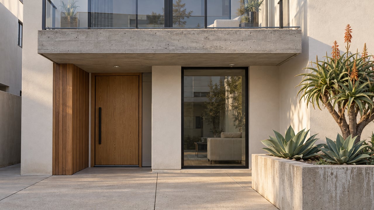 Contemporary residential entry with oak door, glass balcony, pale concrete paving and a raised planter containing sculptural aloes and agaves.