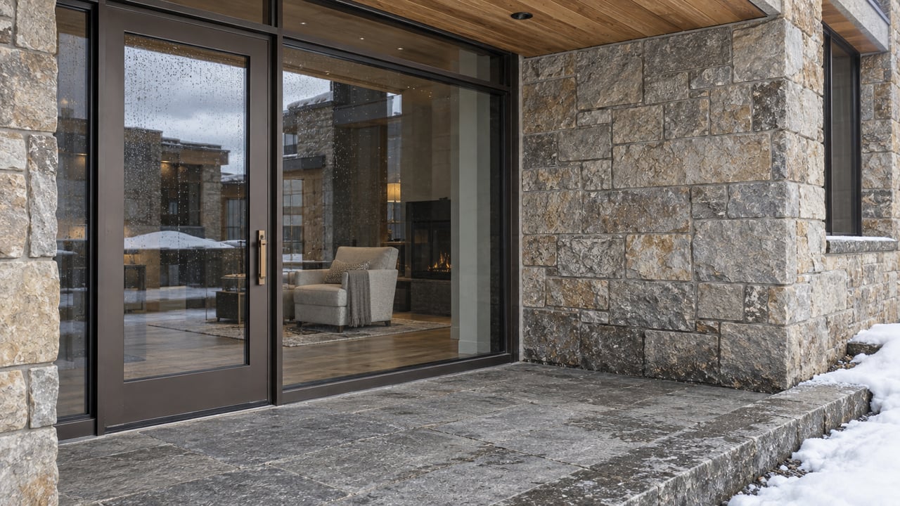 Close view of a glazed residential entrance with quartzite walls, a timber soffit and a snow-edged stone terrace.