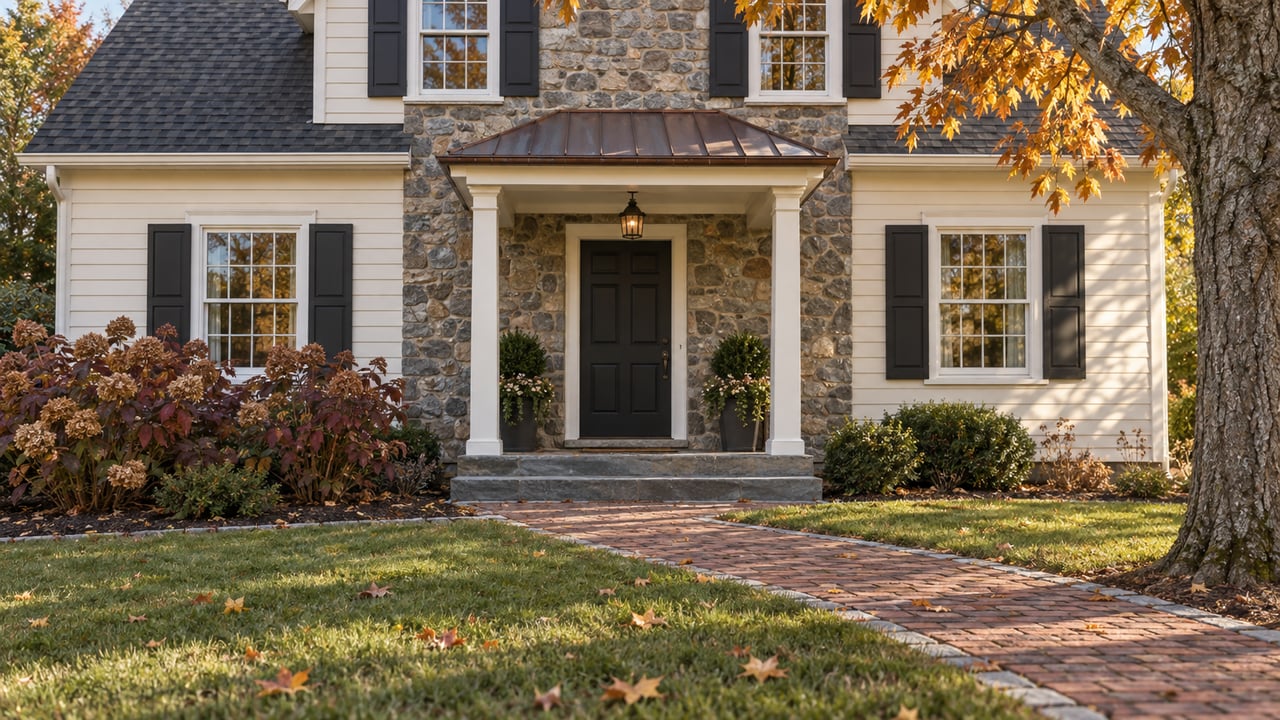 Late-autumn sunlight across a fieldstone entry, ivory siding and brick approach, with amber maple leaves and a deep front lawn.