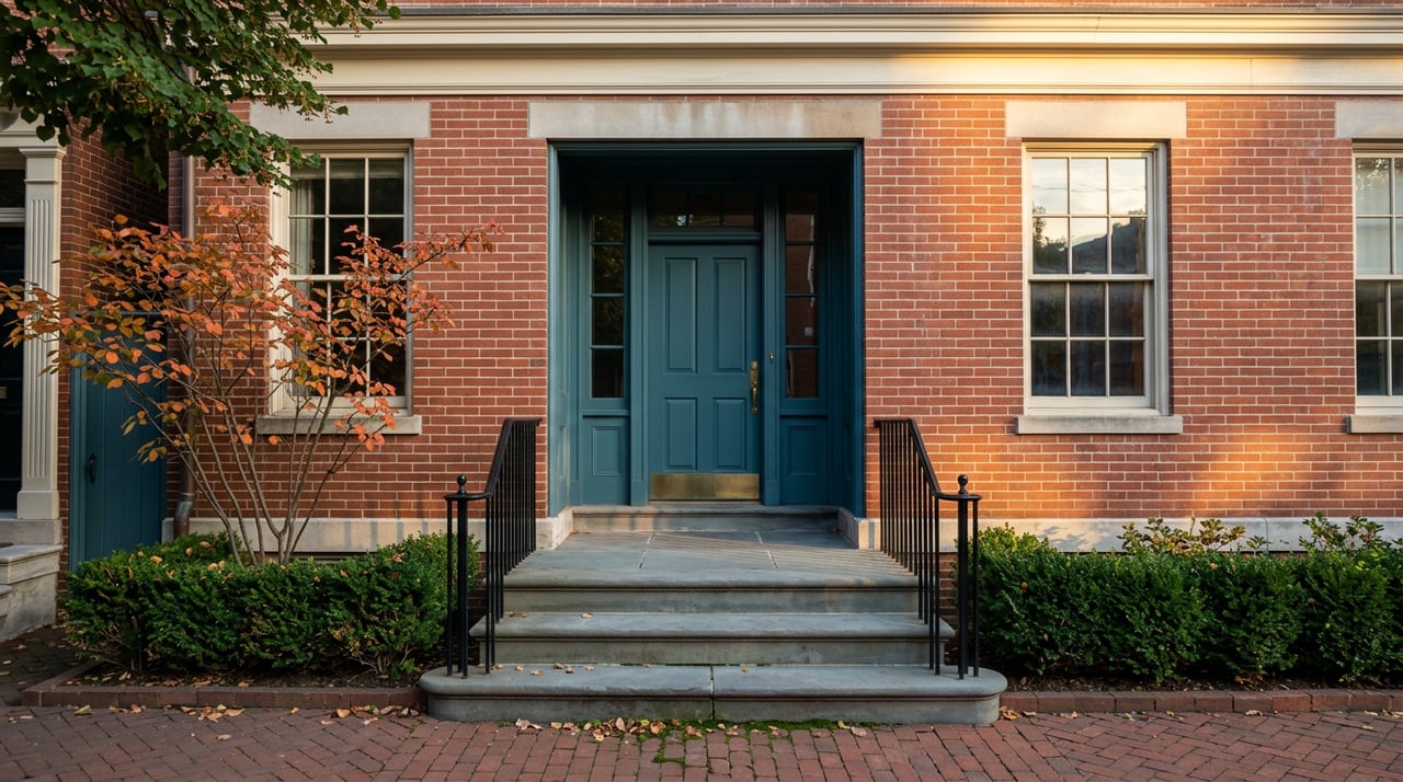 Brick rowhouse entrance with iron-railed stoop, clipped hedges, and orange-red leaves in warm late-day light.