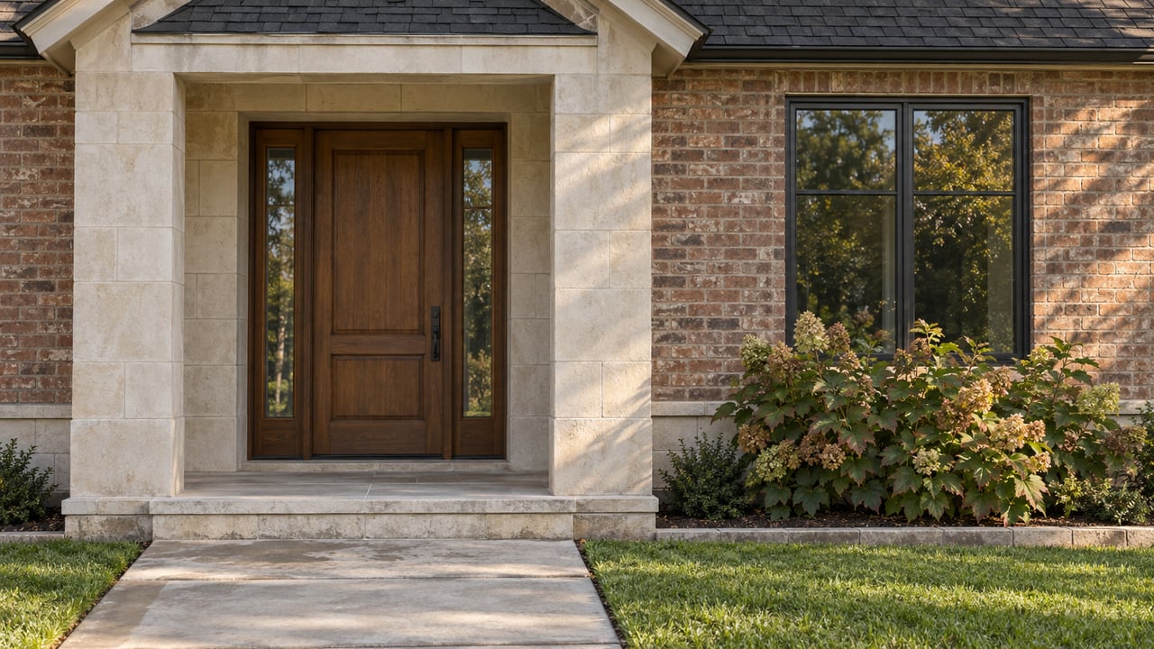 Cream limestone porch frames a closed oak door beside a dark-framed window, brick facade, and hydrangea.