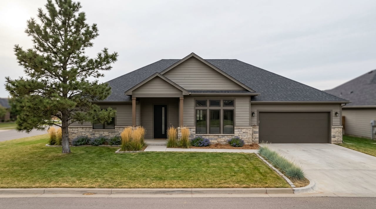 Suburban home with charcoal gabled roof, ledgestone base, attached two-car garage, and a large pine in the lawn.