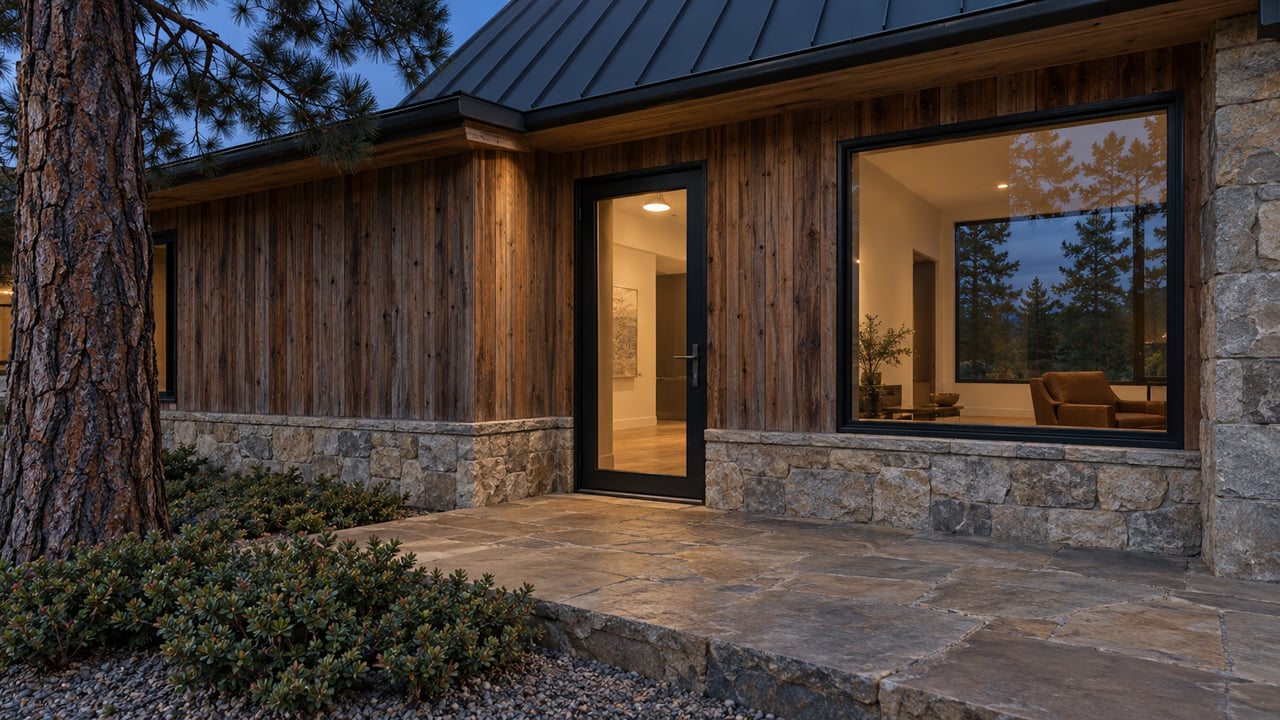 Timber-and-stone house at blue hour, with a warm ceiling light behind glass and a pine at the facade’s edge.