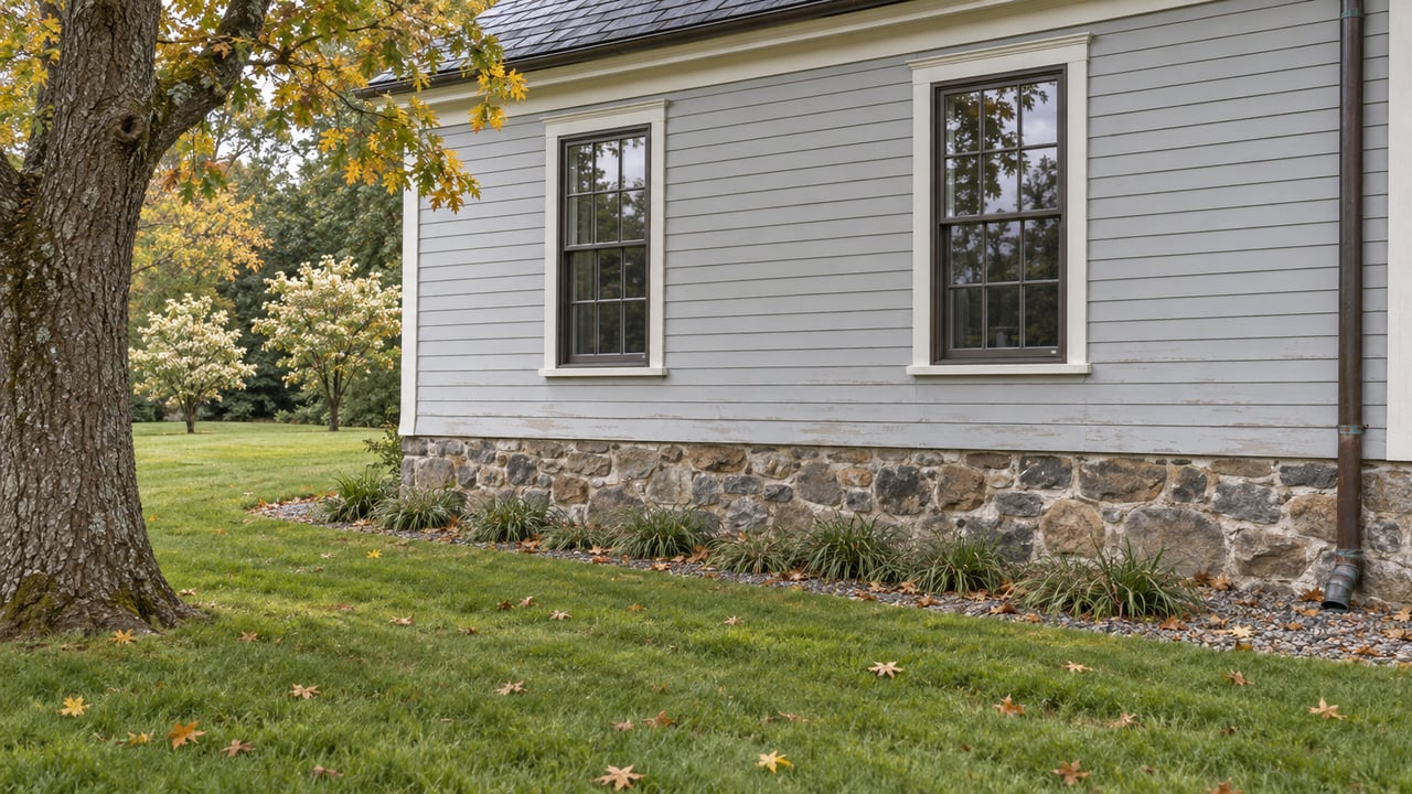 Colonial Revival house with a fieldstone foundation, two tall windows, and an oak framing the lawn.