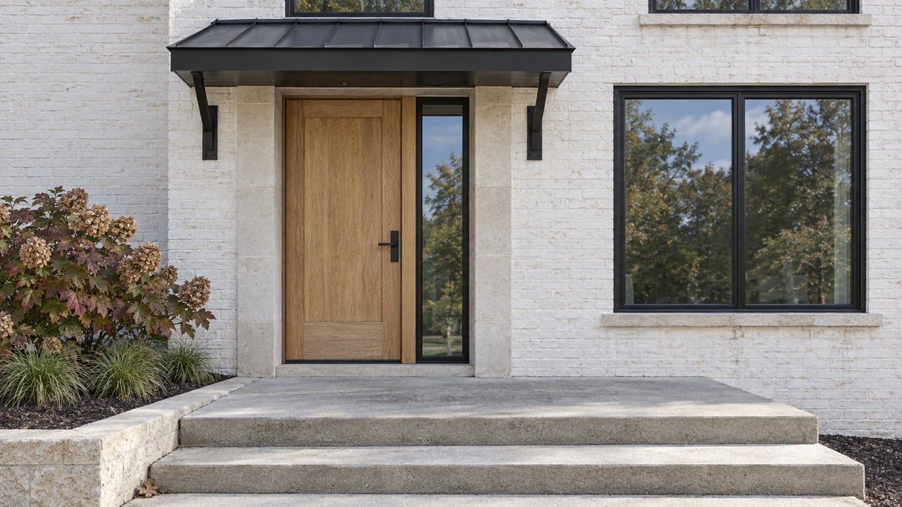 White brick home entrance with an oak door, black metal canopy, limestone surround, and autumn oakleaf hydrangea beside concrete steps.