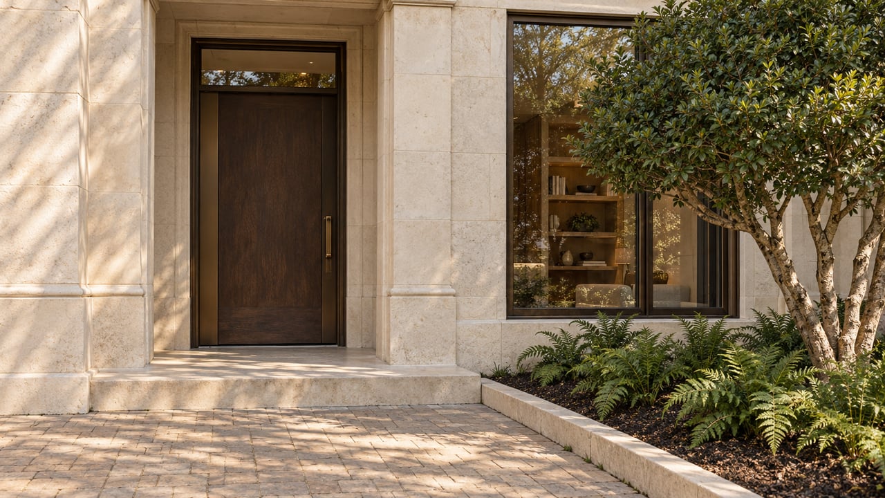 Limestone residential entrance with a dark oak door, bronze-framed window and a sculptural yaupon beside a clay-paver approach.