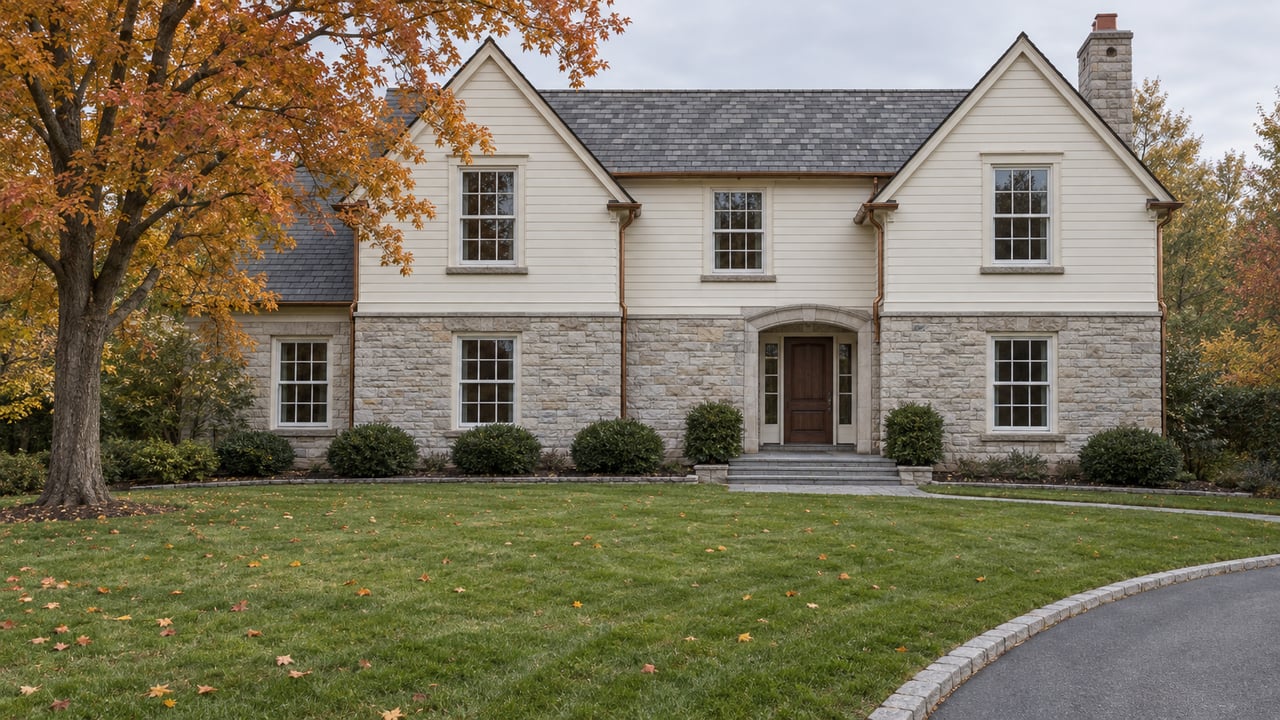 Gabled stone and creamy clapboard home beyond a deep autumn lawn, with a curved granite-edged driveway and an orange maple.
