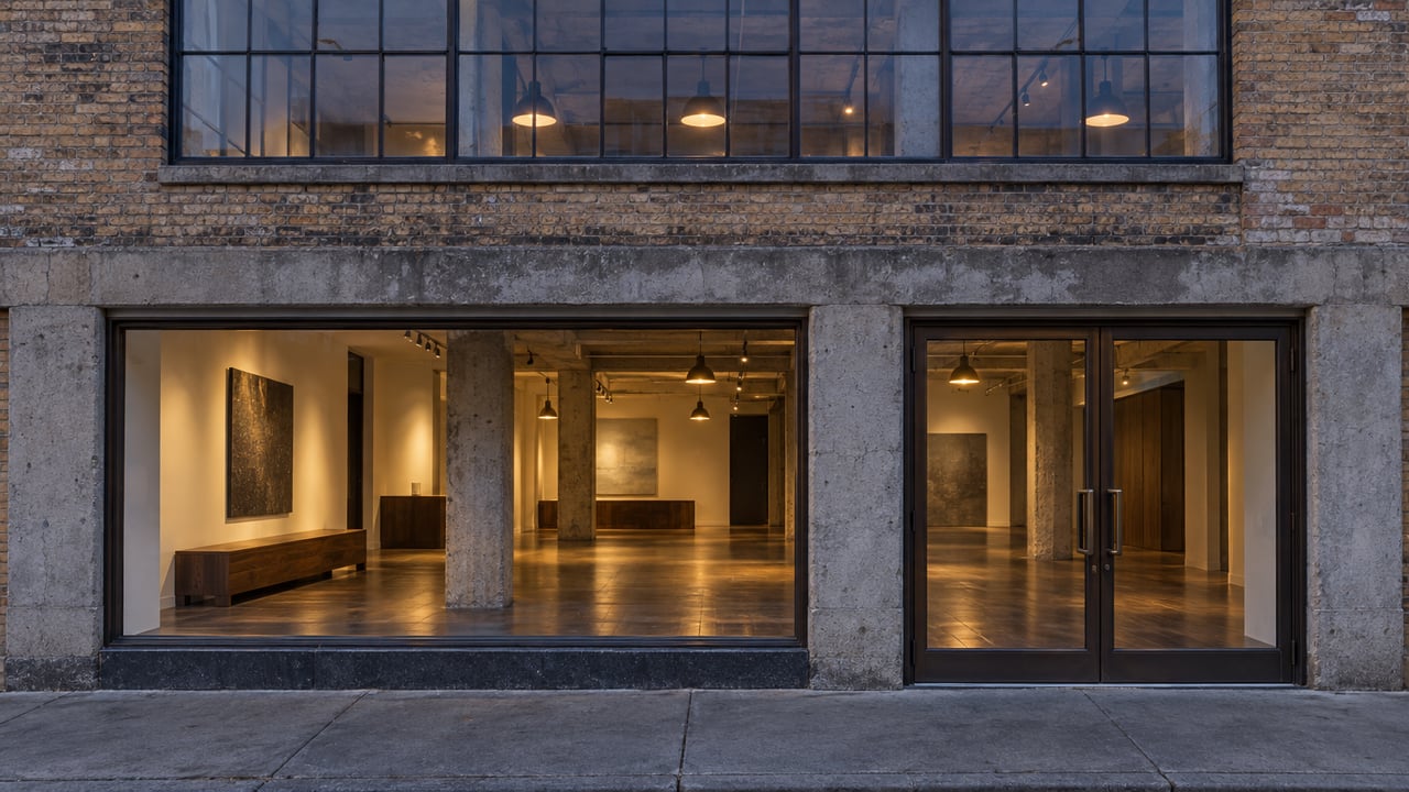 Weathered brick warehouse facade with factory sash above glazed doors revealing a warmly lit interior.
