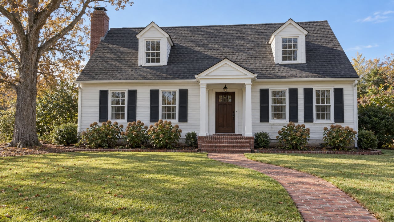 White clapboard home with steep dormered roof, brick entry steps and a curved brick walk across a broad lawn beneath a mature oak.