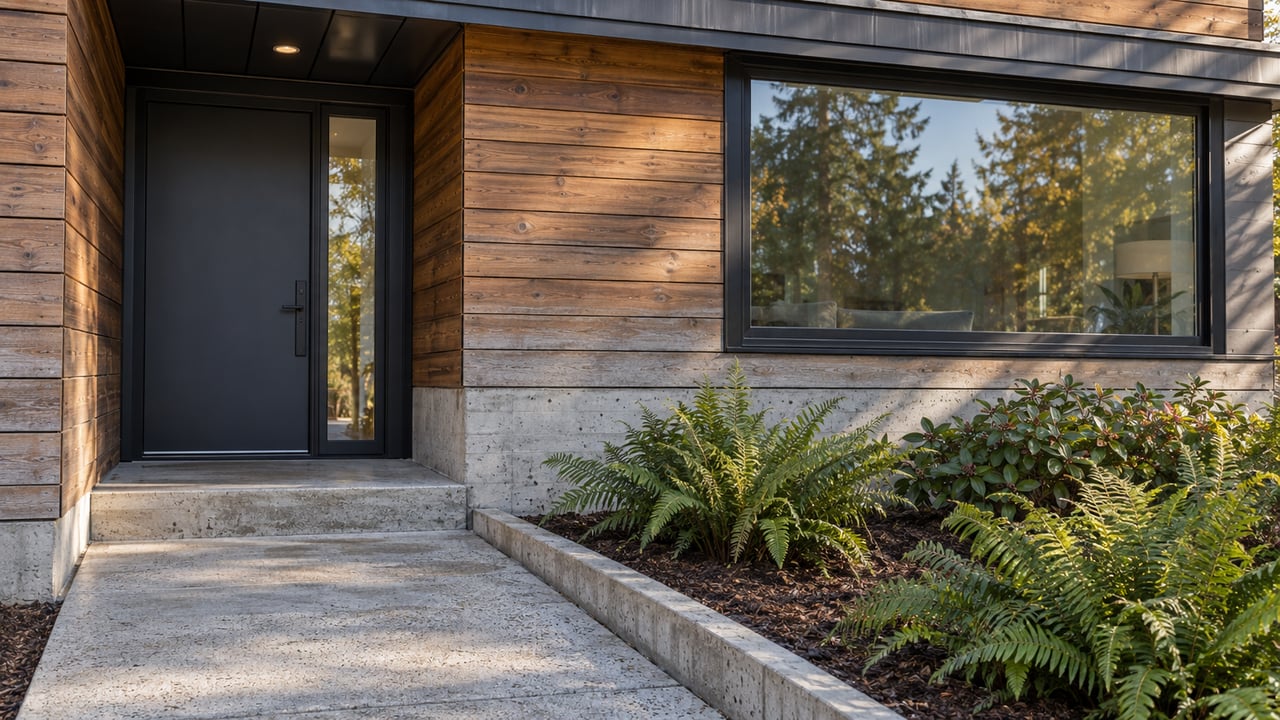 Close exterior view of a cedar-clad home with a charcoal entry door, black-framed window, concrete approach and a planted bed of sword ferns and salal.