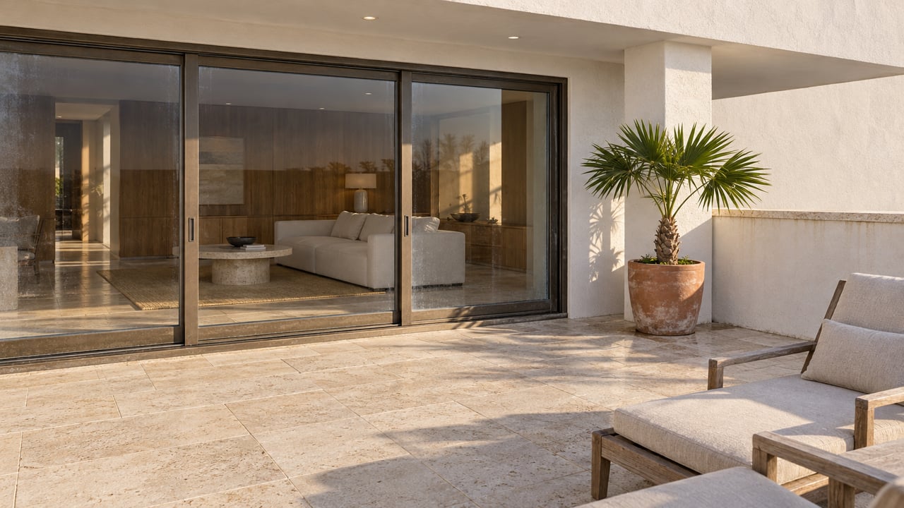 Covered terrace with pale limestone paving, white stucco, closed bronze-framed glass doors, two weathered teak chairs and a potted fan palm.